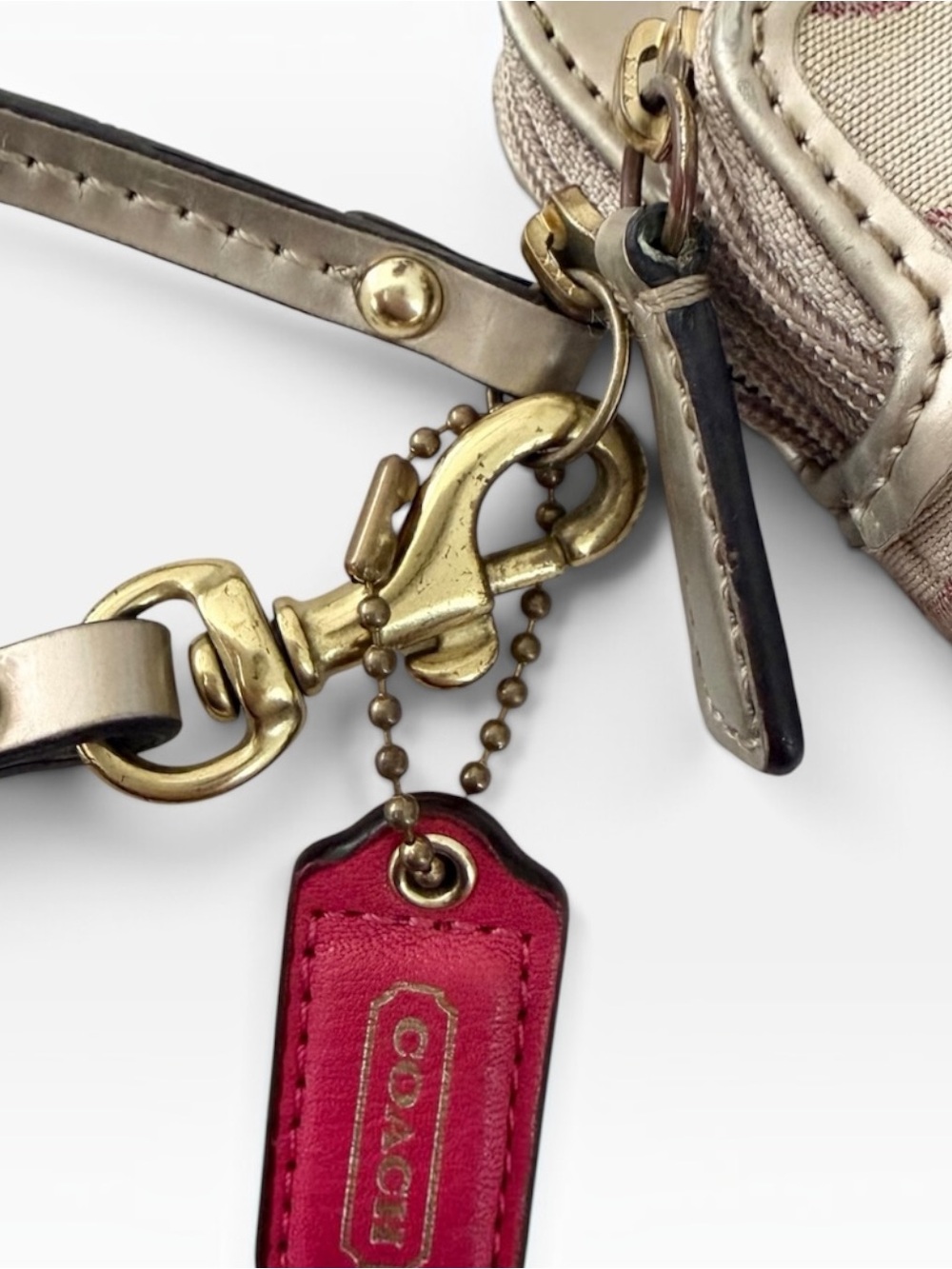 COACH Signature C Poppy Canvas Wristlet Wallet Khaki Tan Pink Double Zip 47897 - Picture 4 of 4
